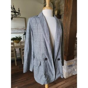 Hashtag Women's Gray Plaid Double Breasted Blazer Size L Lightweight Cotton‎